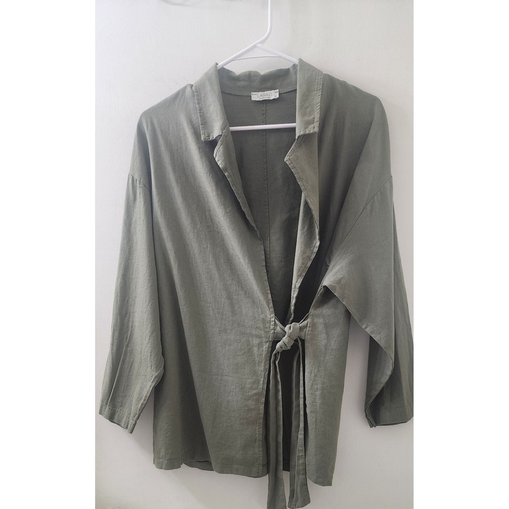 LARA G. Made in Italy Olive Green Linen Cotton Blend Wrap Tie Top Small